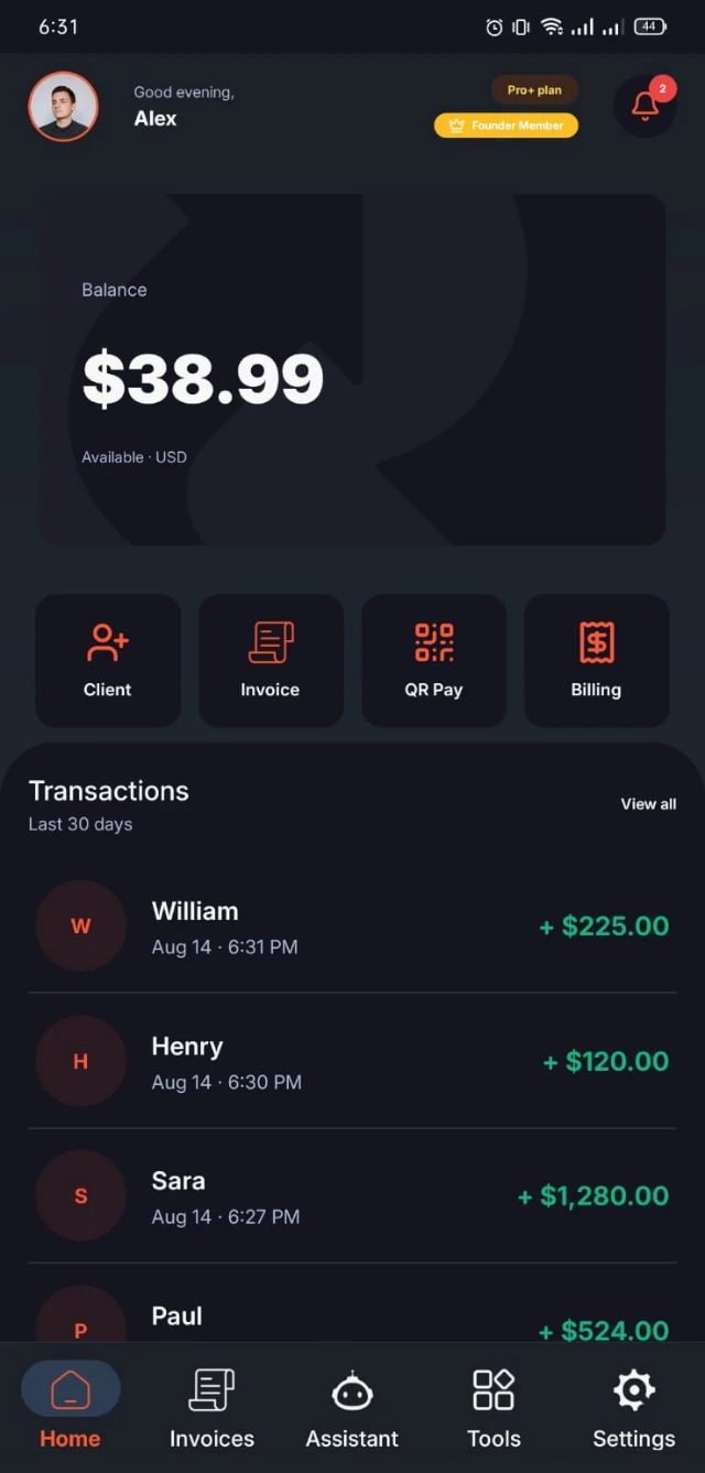 Receivo Android app: balance, quick actions and recent payments